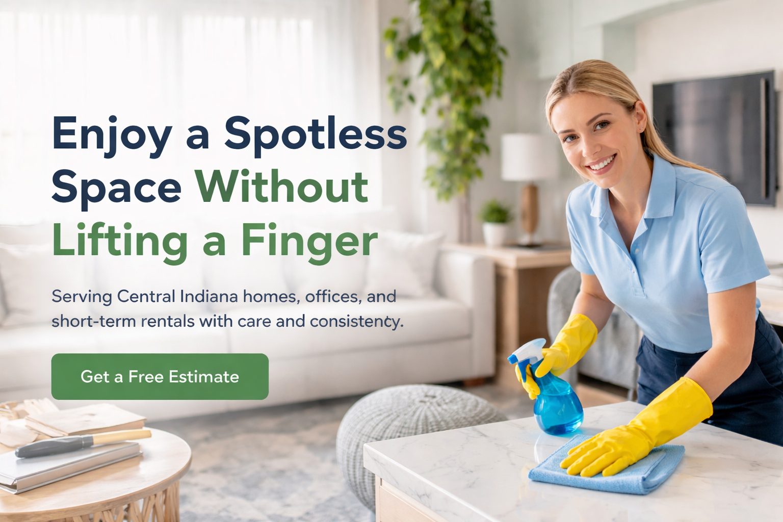 Cleaner working in a bright living room with headline: Enjoy a Spotless Space Without Lifting a Finger.